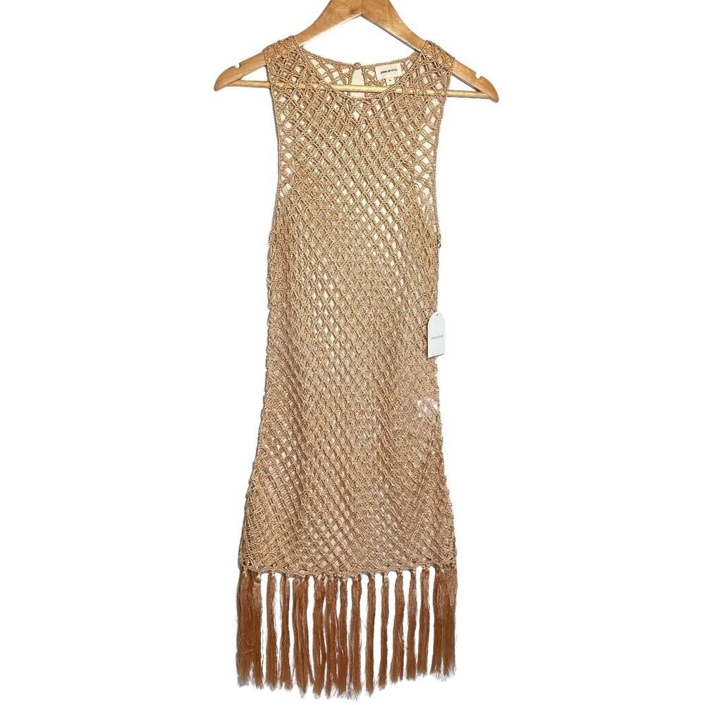 Song Of Style NEW Dani Crochet Fringe Sleeveless Sheer Cover Up Dress Tan XL